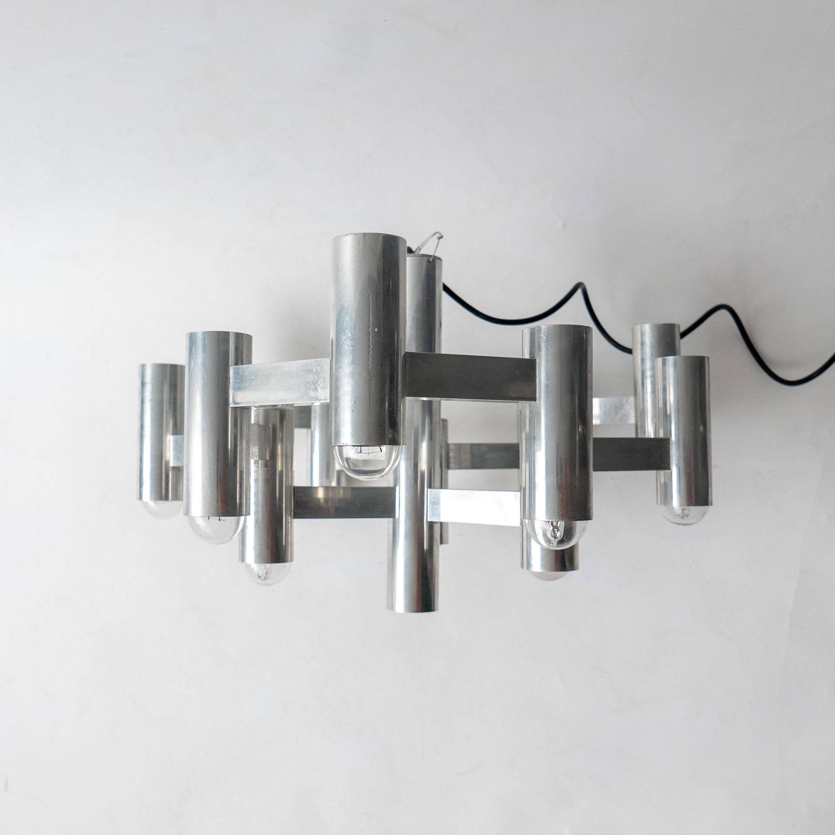 Vintage Space Age Geometric Chandelier by Gaetano Sciolari, 13 Lights, Aluminium