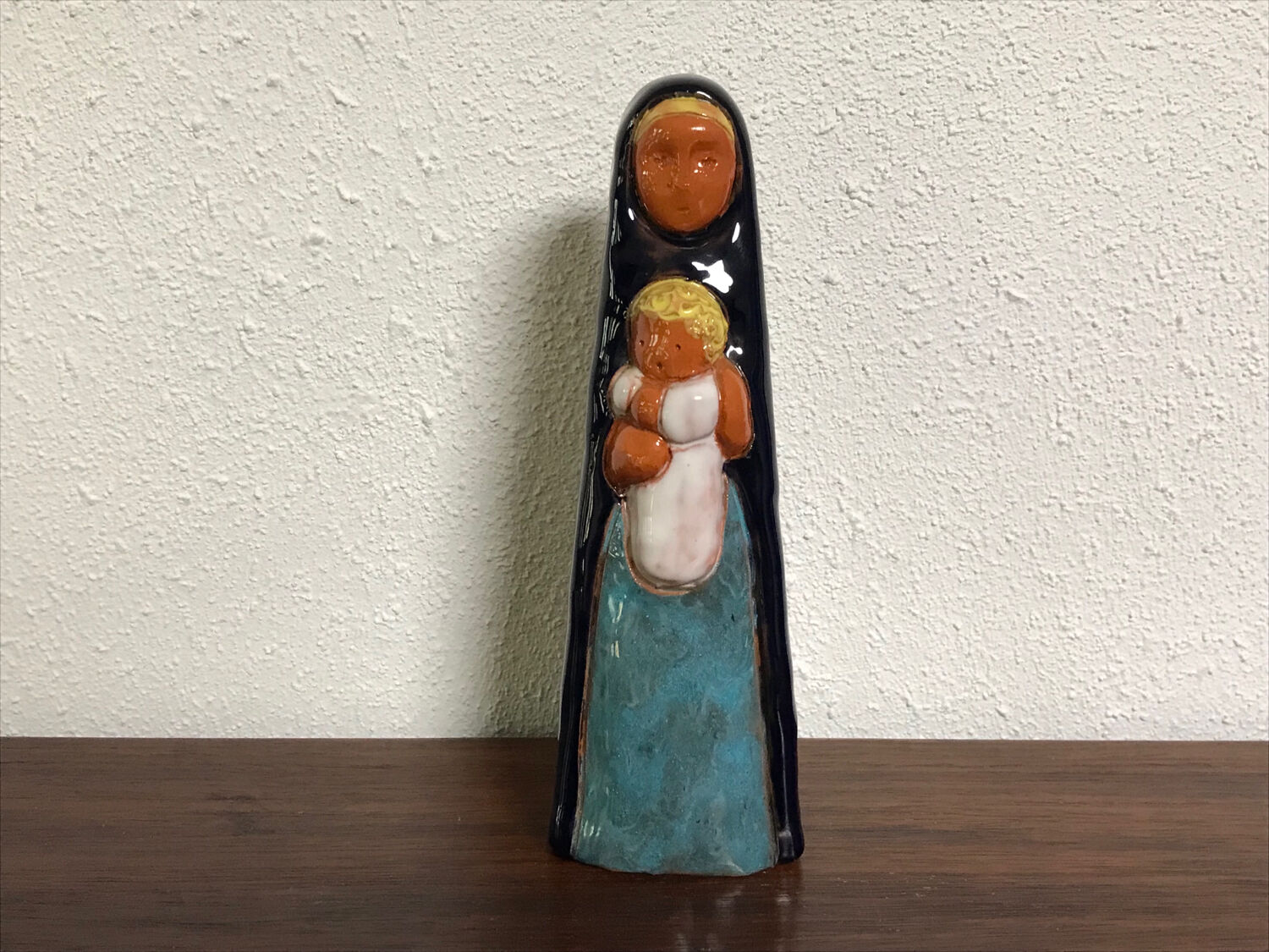 Virgin child statuette glazed terracotta