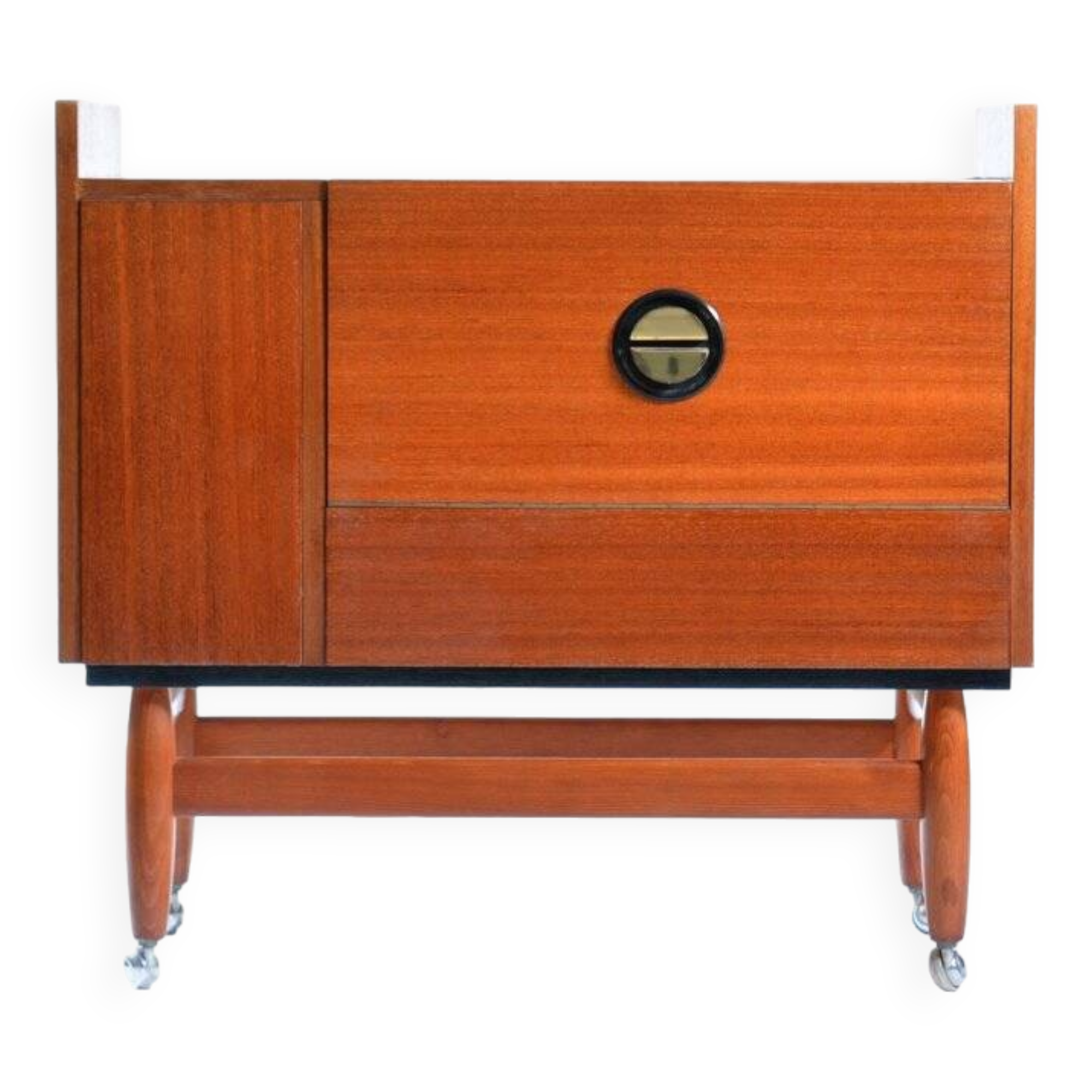 Bar Sideboard On Wheels In Mahagony & Brass, Czechoslovakia 1970