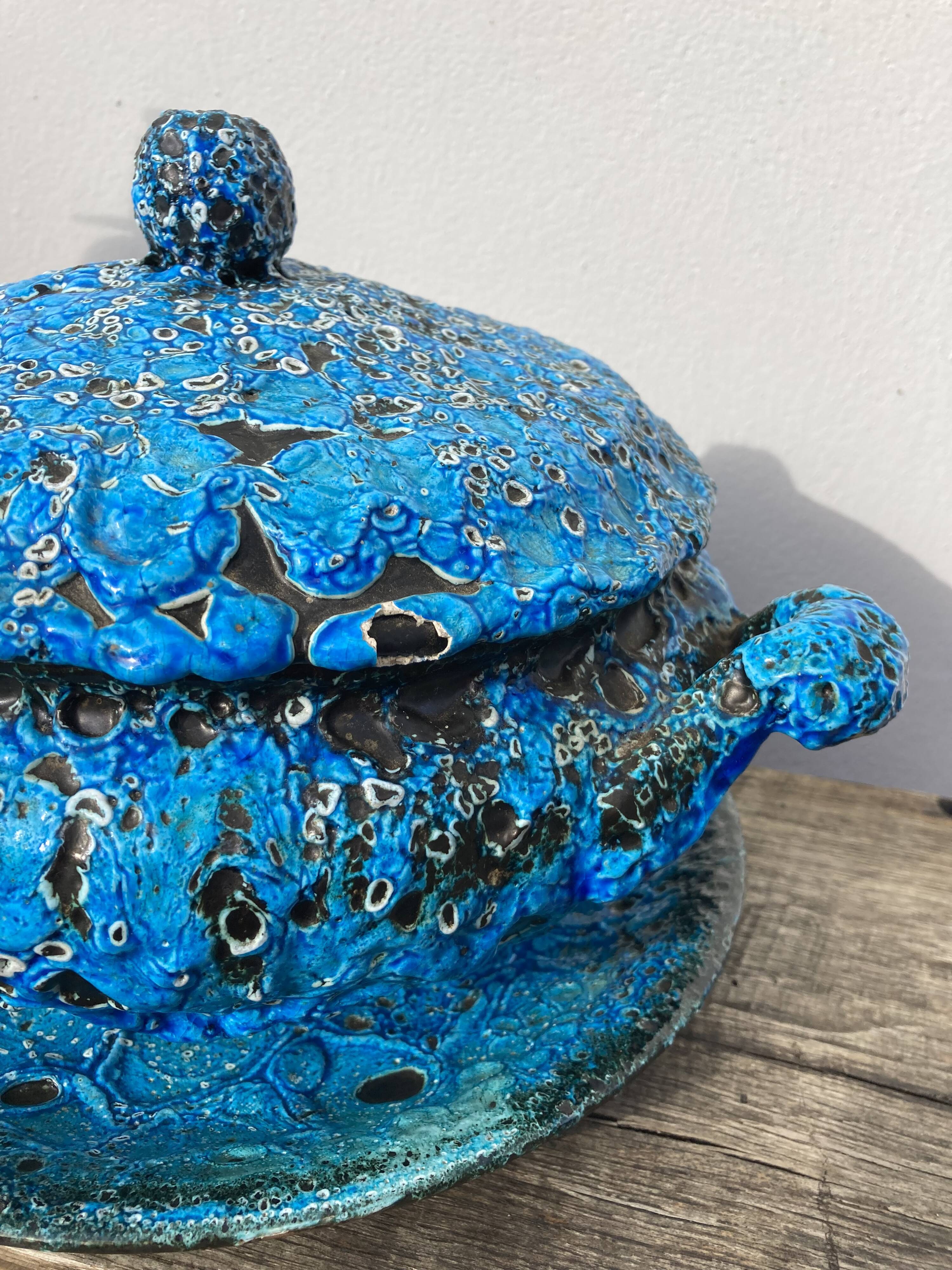 Glacier ennamel tureen vintage turquoise blue 1960 / cyclops varnished earthenware by Charles Cart