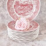 12 assiettes plates en porcelaine de fontebasso made in italy style "toile de jouy" en rose