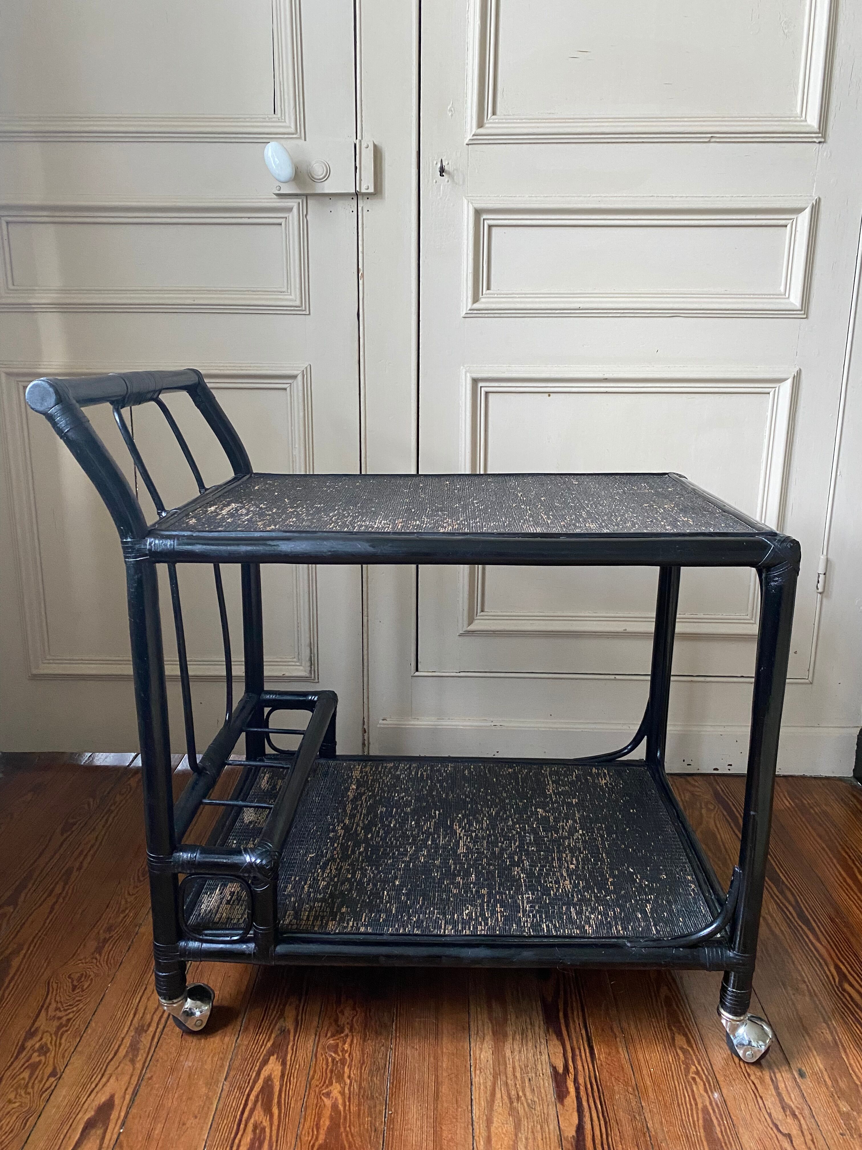 Black service in wood and rattan 70s