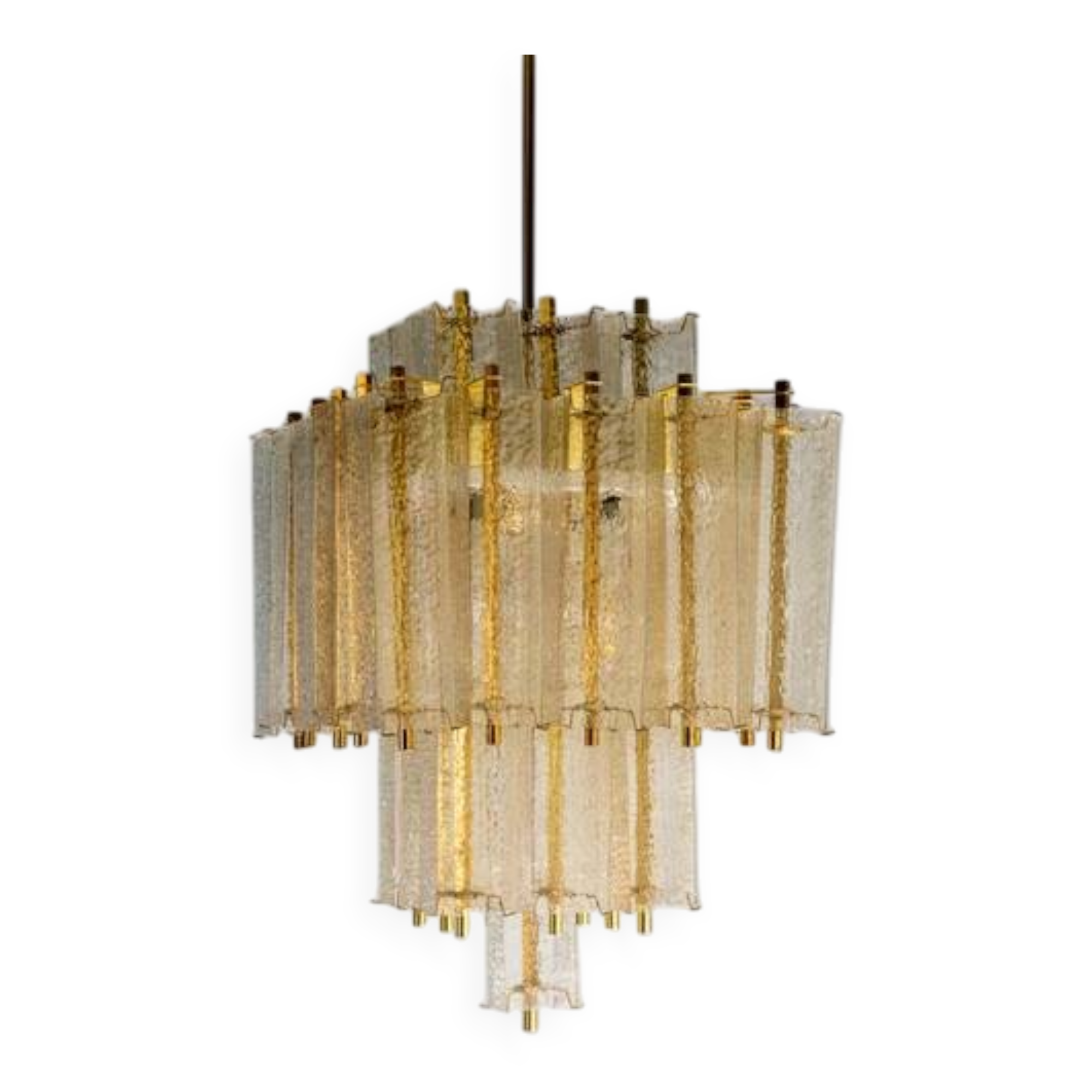Chandelier in brass and structured ice glass, 1950s, Austria
