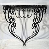 Wrought iron and black marble console, side table