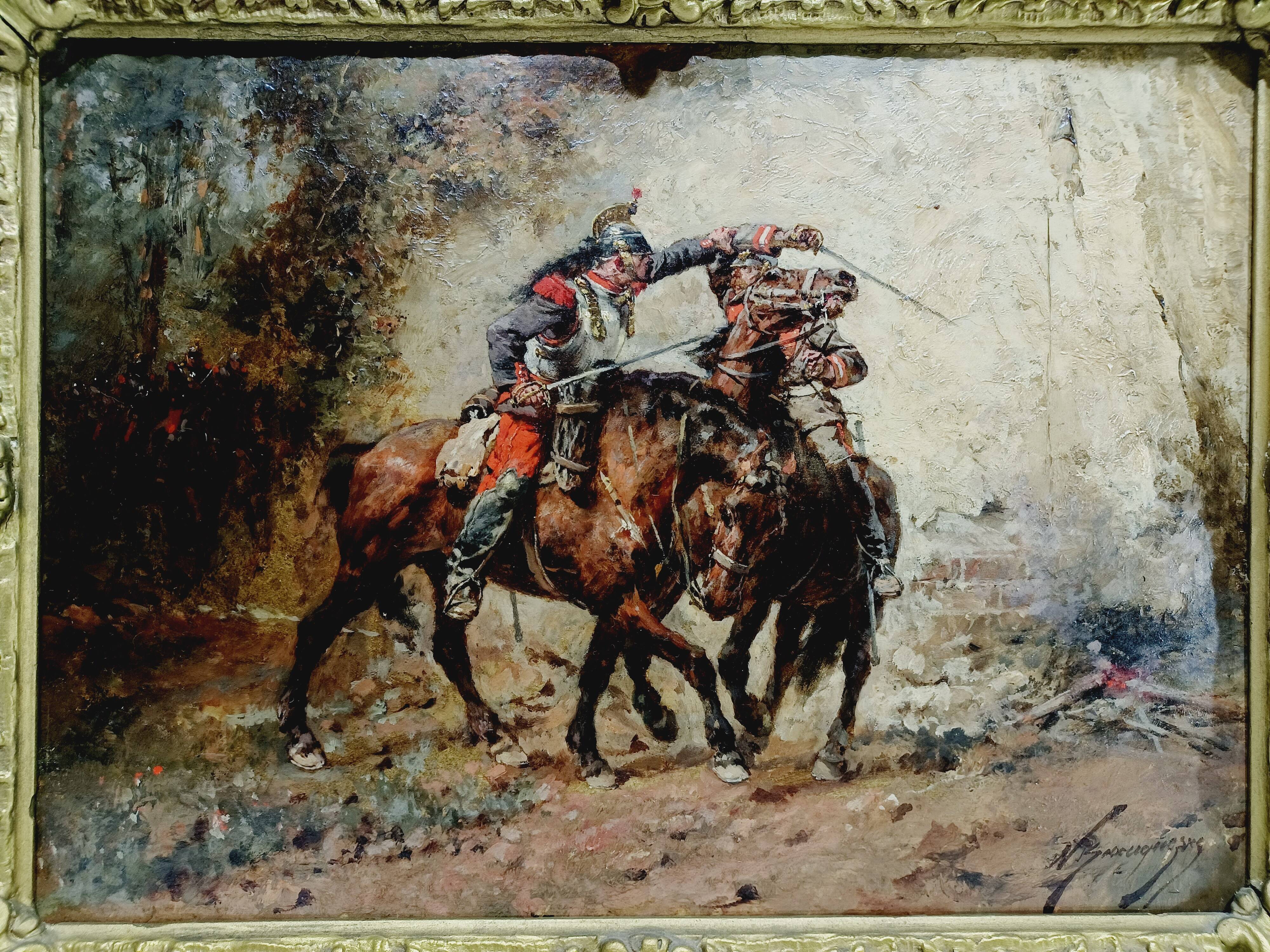 Wilfrid Constant Beauquesne -  Huile Sur Toile « Combat de cavaliers »