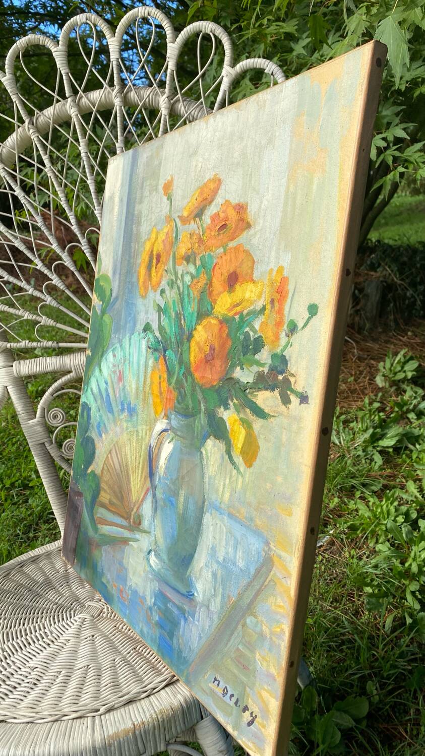 Still life with bouquet and fan, painting on canvas.