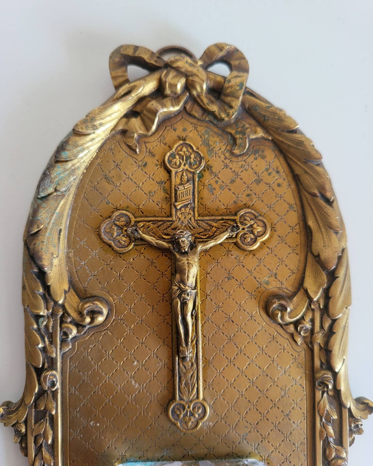 Antique Wall-mounted Bronze Font in Louis XVI Style Crucifix Cross