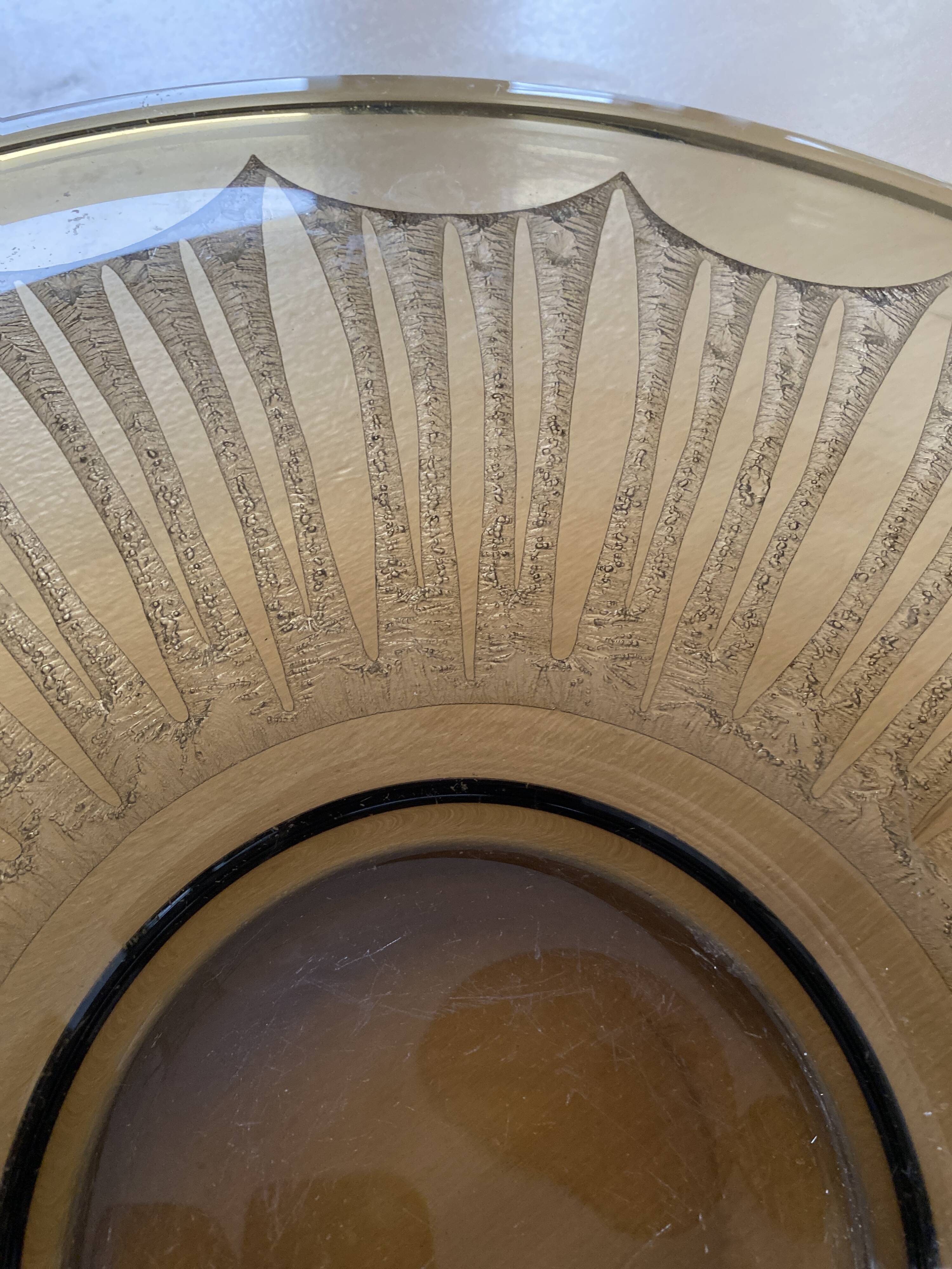 Old Verrex smoked glass fruit bowl, with a radius decoration cut into the glass