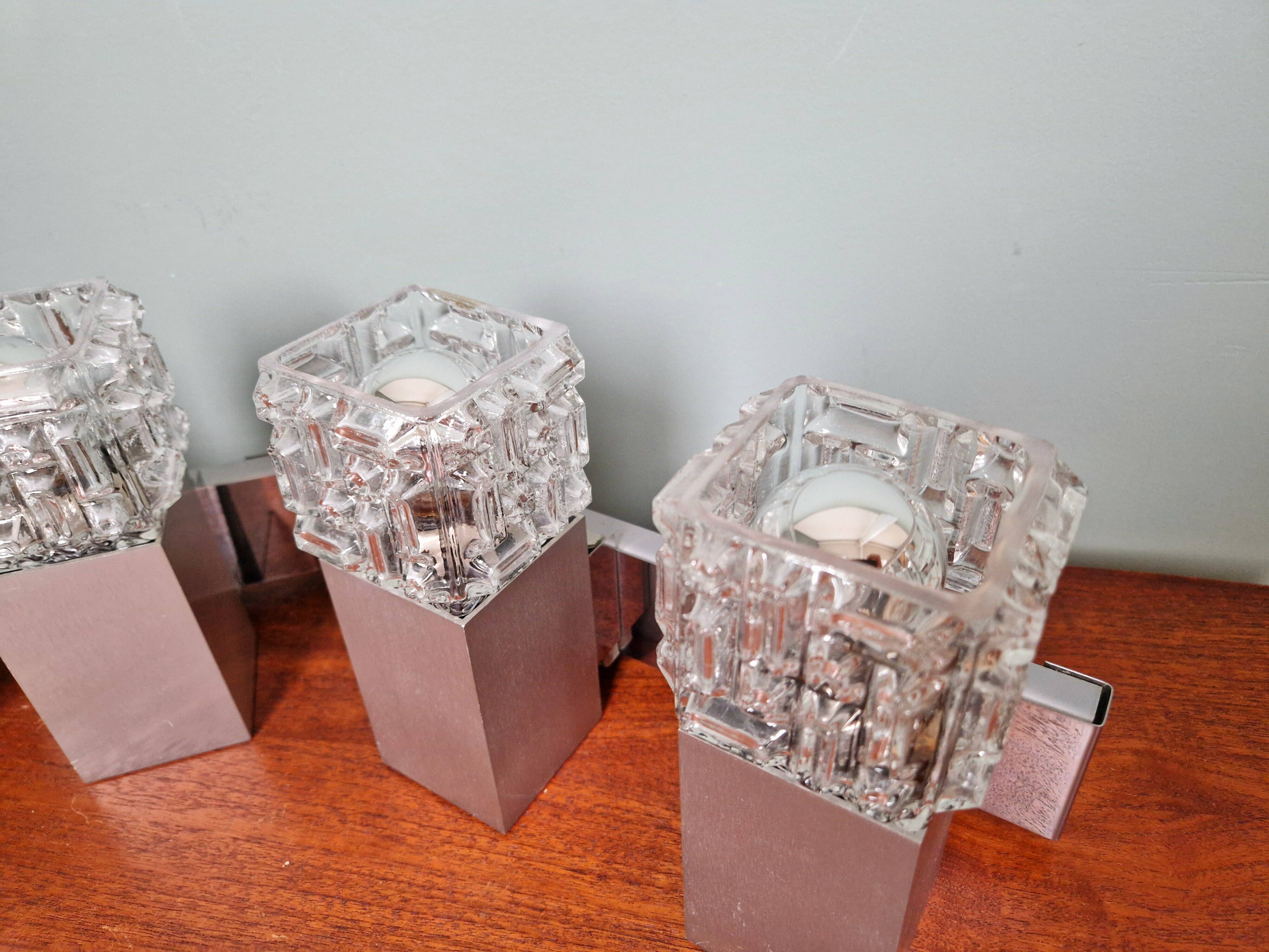 Pair of brushed aluminum and crystal wall lights, 1970s