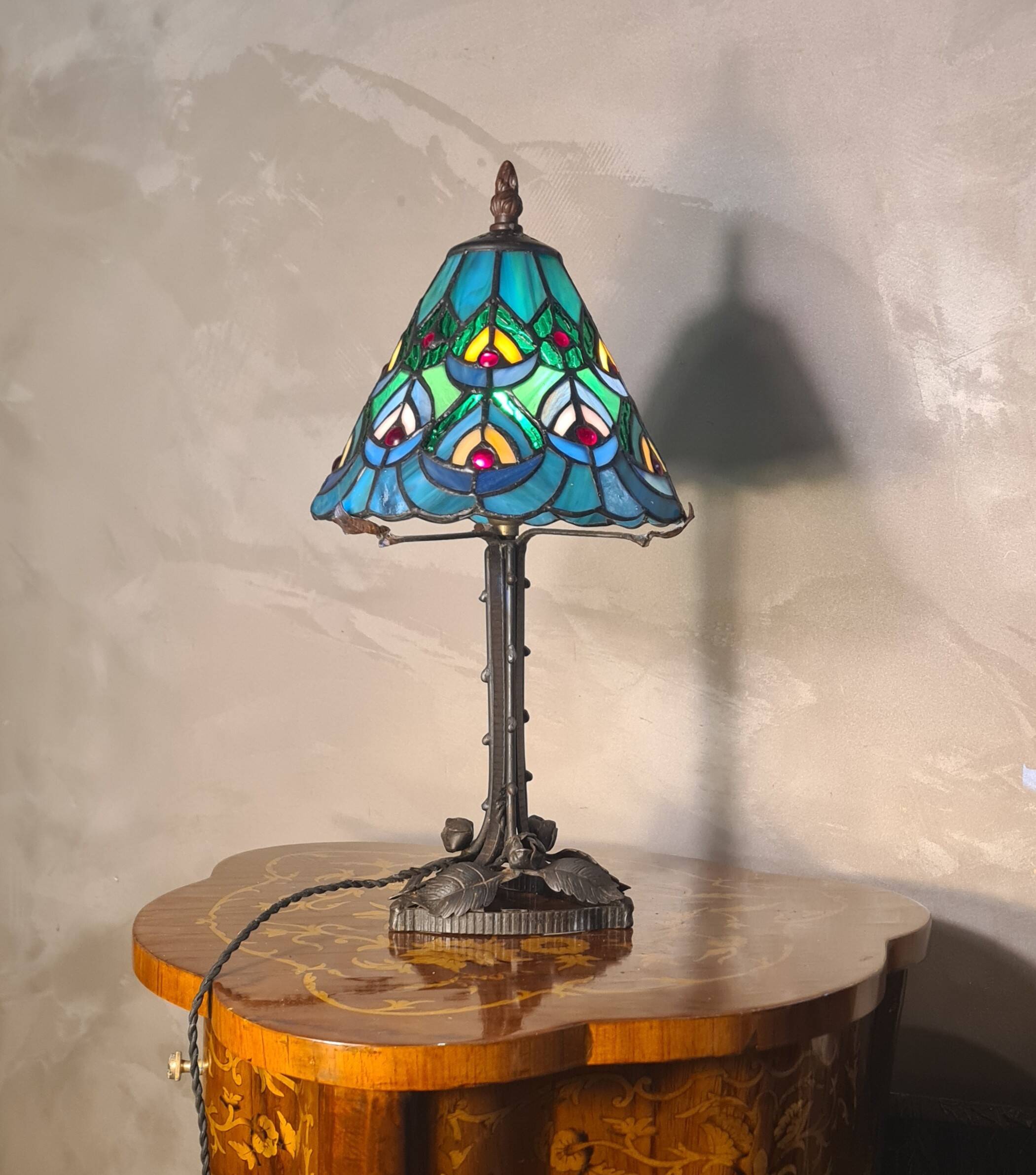 antique wrought iron floor lamp, 1900 to 1940 with stained glass lampshade