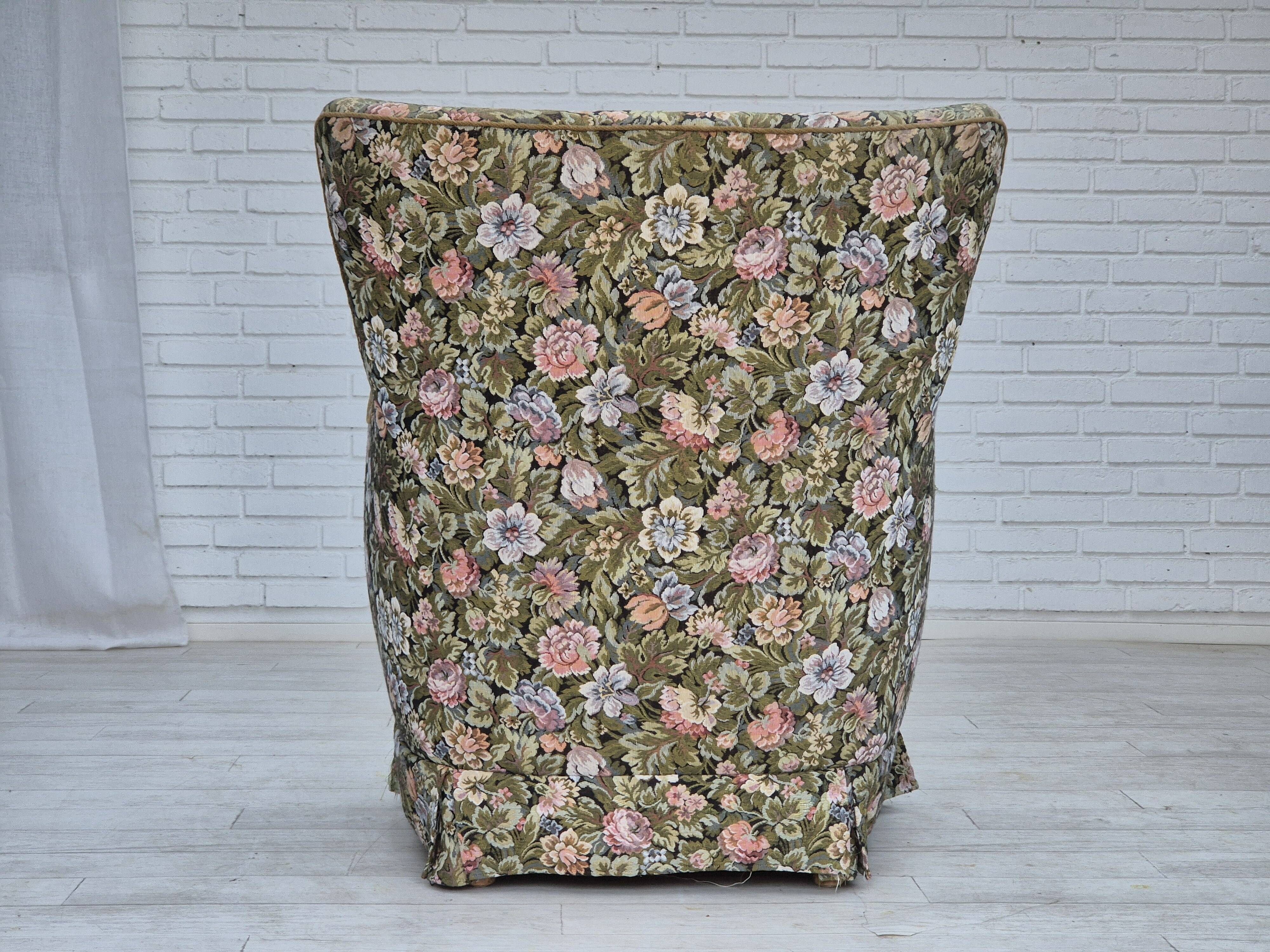1970s, Danish armchair, reupholstered, flowers furniture fabric.