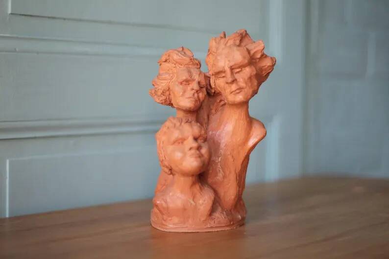 Sculpture signed Doloire, terracotta sculpture with 3 faces, candlestick sculpture, collection, interior decoration.