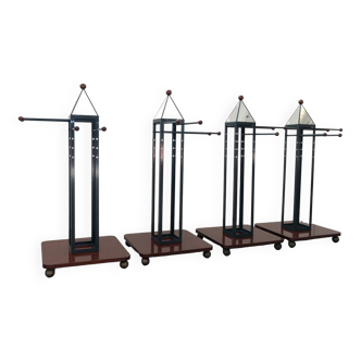 Wooden and brass coat rack, set of 4, 1970s