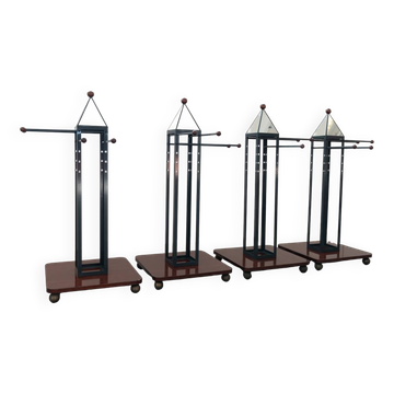 Wooden and brass coat rack, set of 4, 1970s