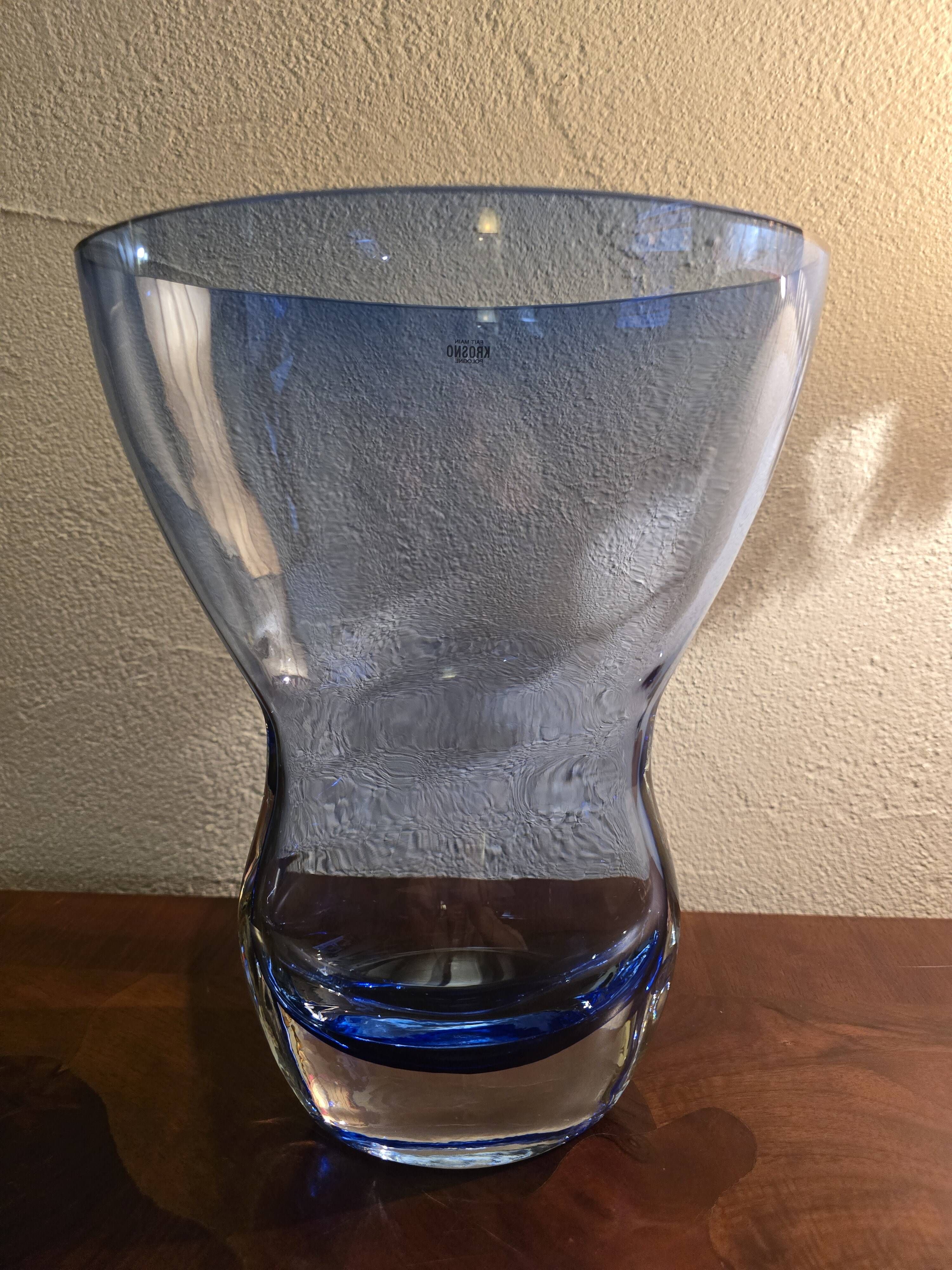 Large krosno vase from poland in blown blue glass, vintage variation.