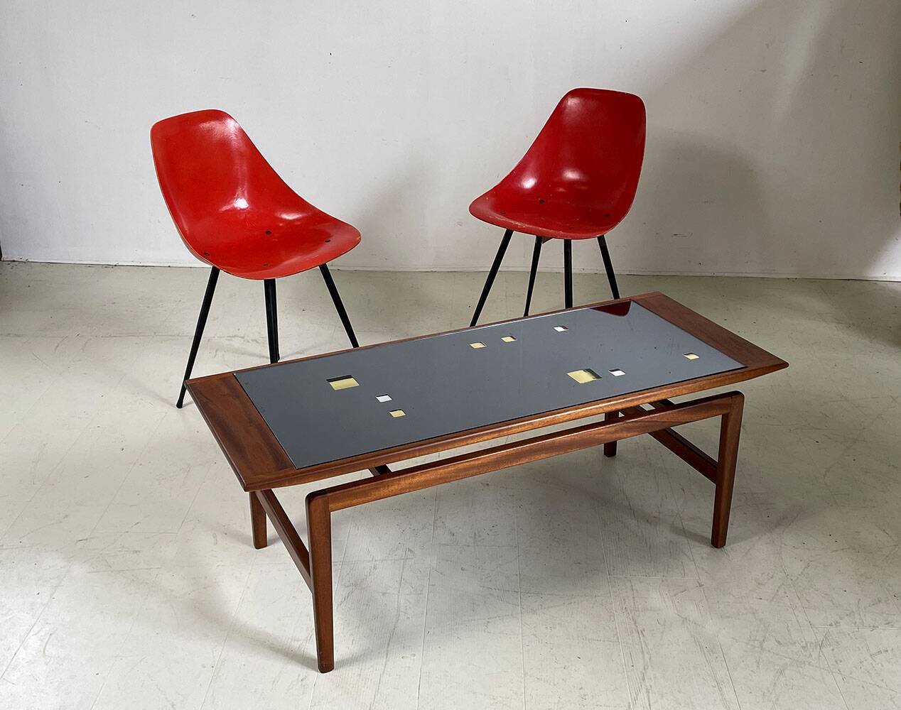 Teak and frosted glass coffee table, Italy 1960.