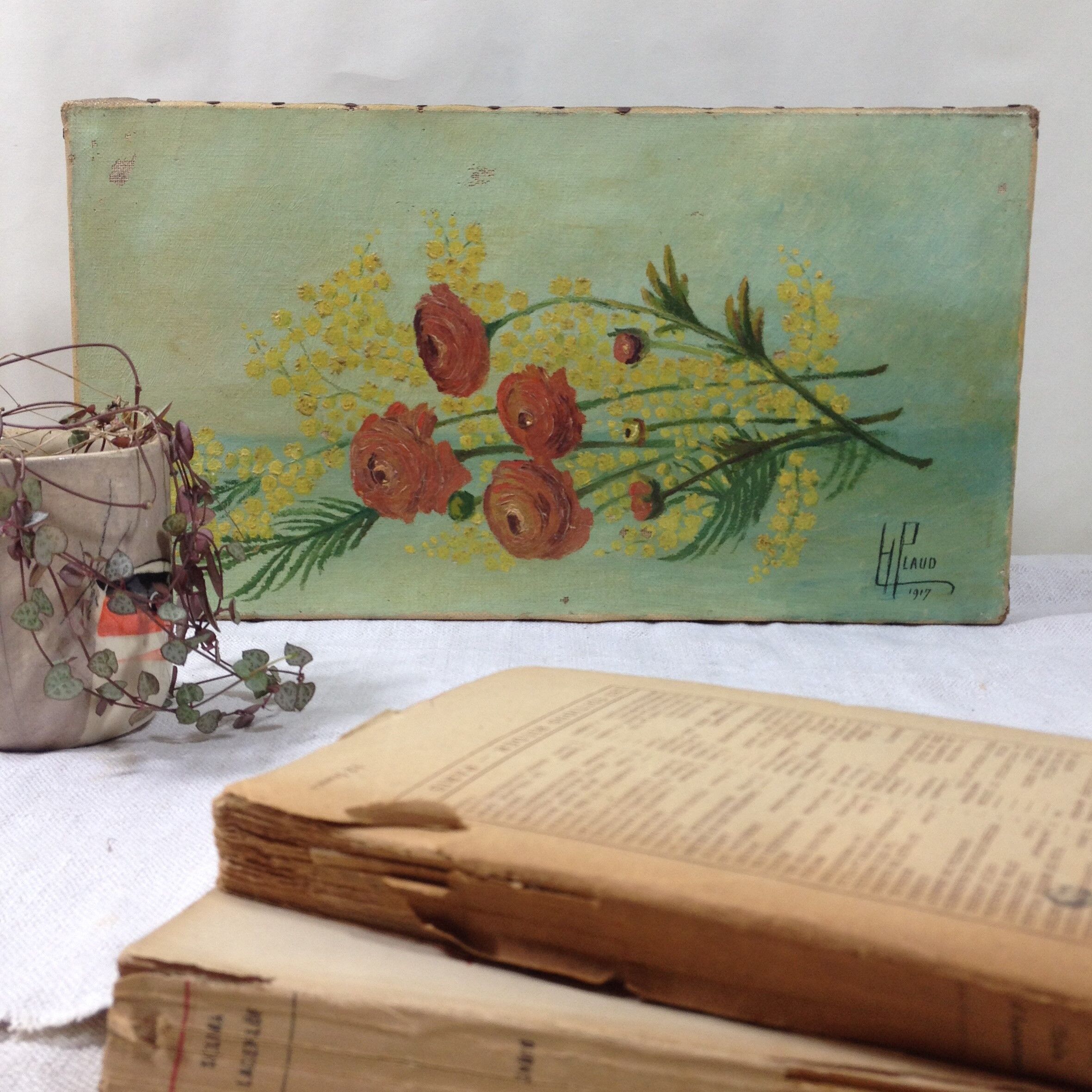 Old painting signed cut flowers 1917