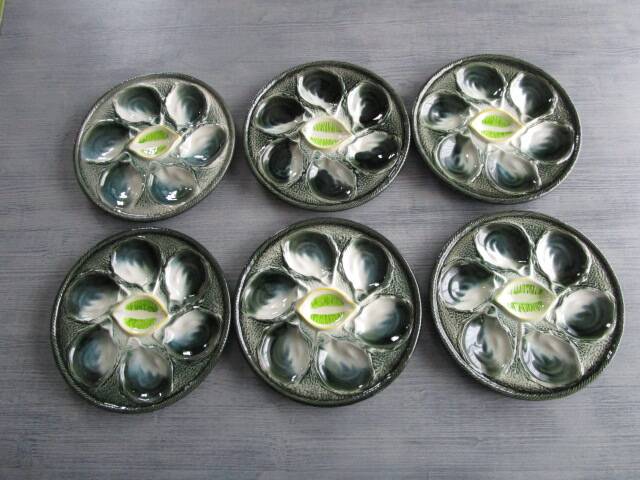 6 antique St Clément barbotine oyster plates