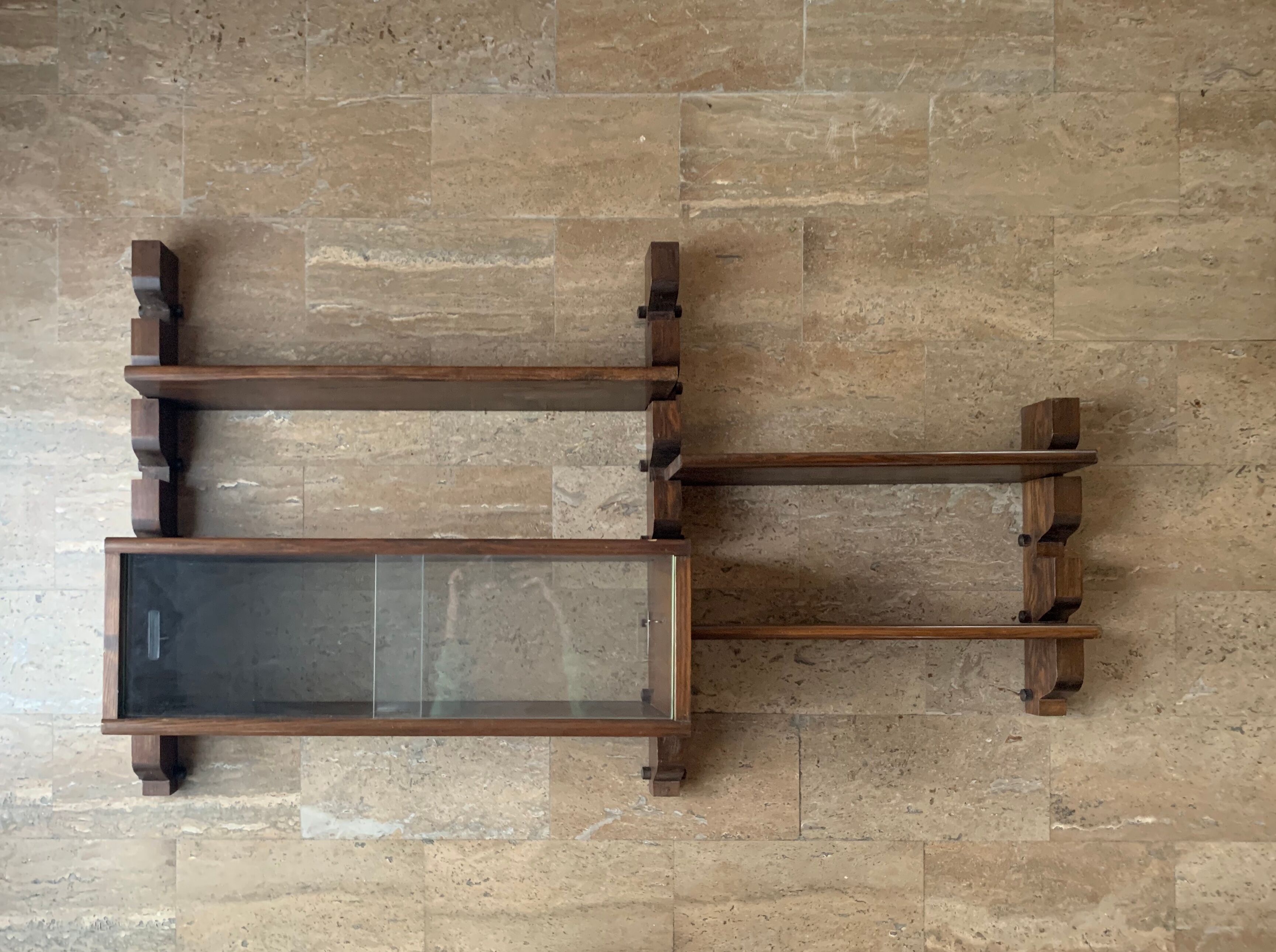 Wooden wall shelves with display case, 1950s