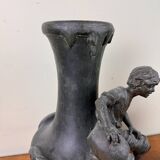 François Moreau: Pair of vases with Napoleon III period characters in regula with bronze patina