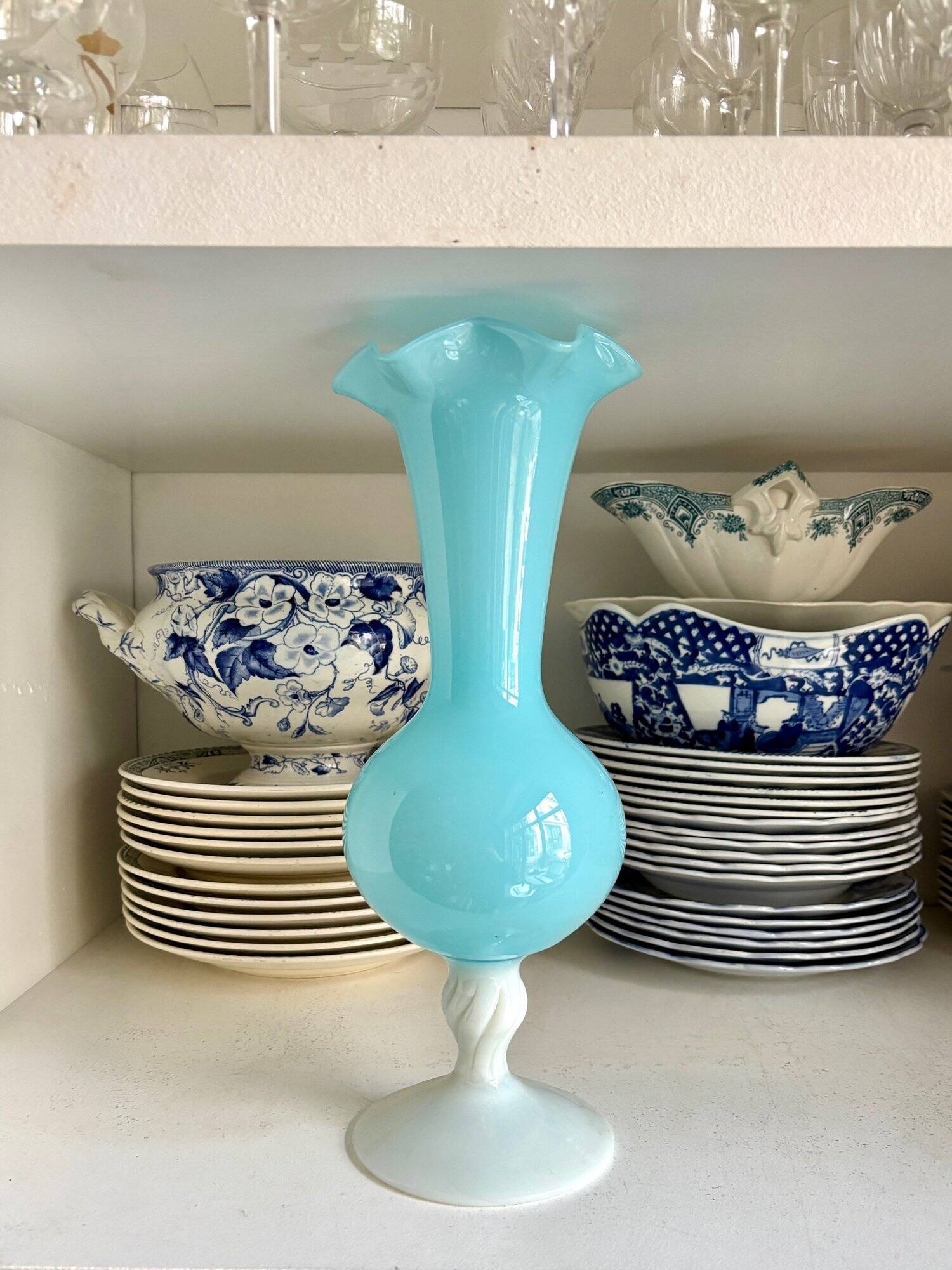 White and sky blue opaline vase