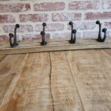 Solid teak coat hook with 4 double cast iron hooks