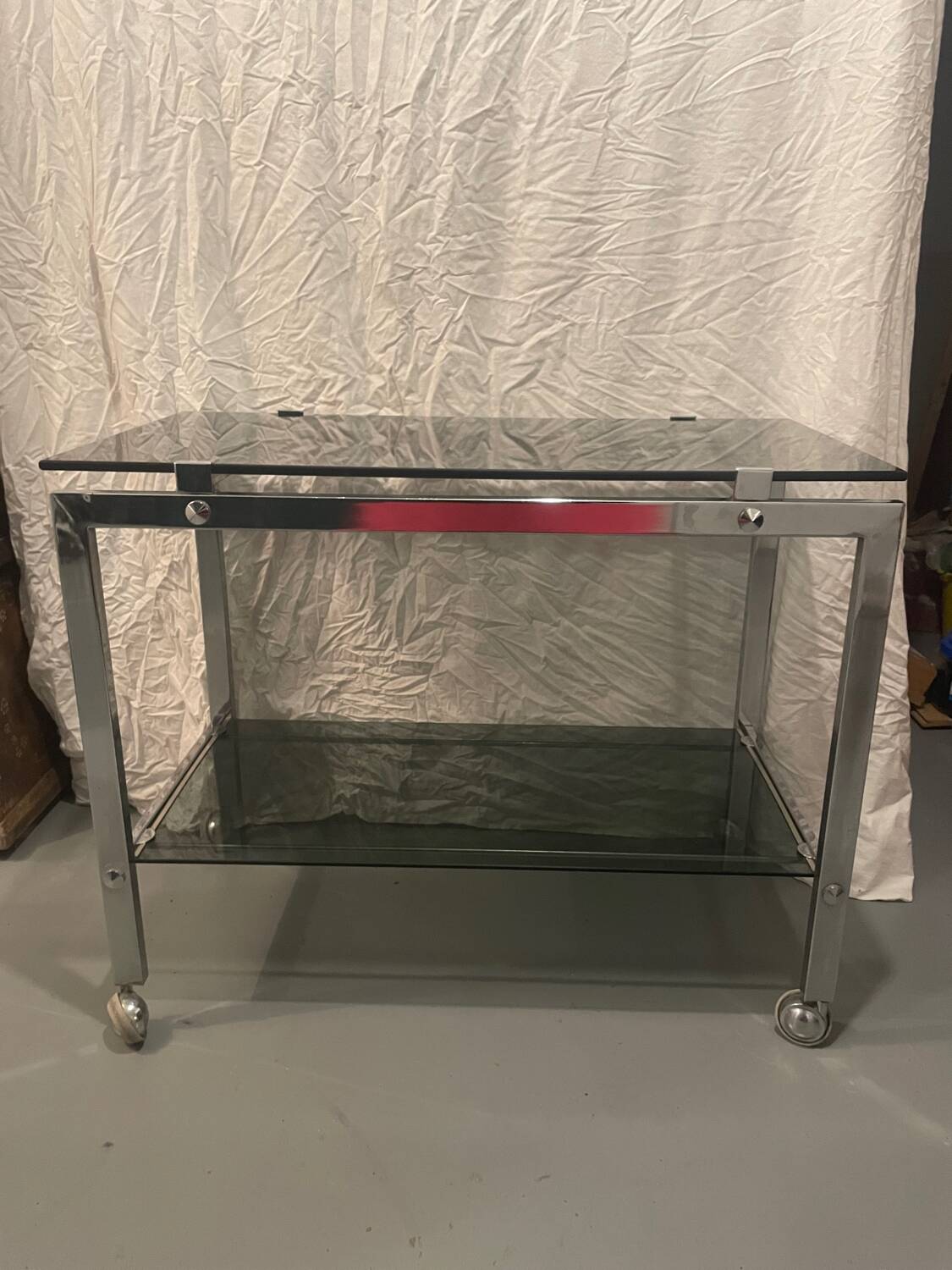 Vintage chrome serving cart/rolling table with smoked grey glass, circa 1970