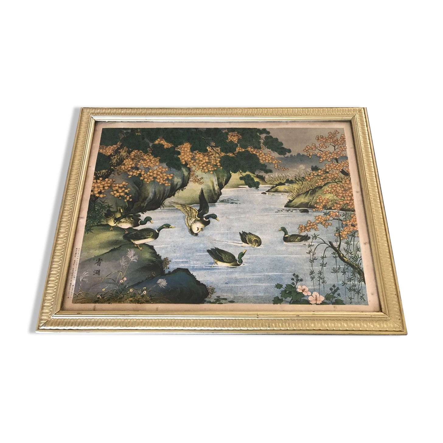 Old painting with a polychrome print decoration of ducks in nature.