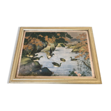 Old painting with a polychrome print decoration of ducks in nature.