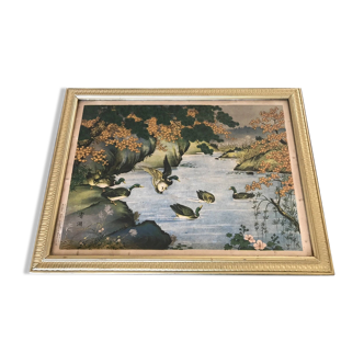 Old painting with a polychrome print decoration of ducks in nature.