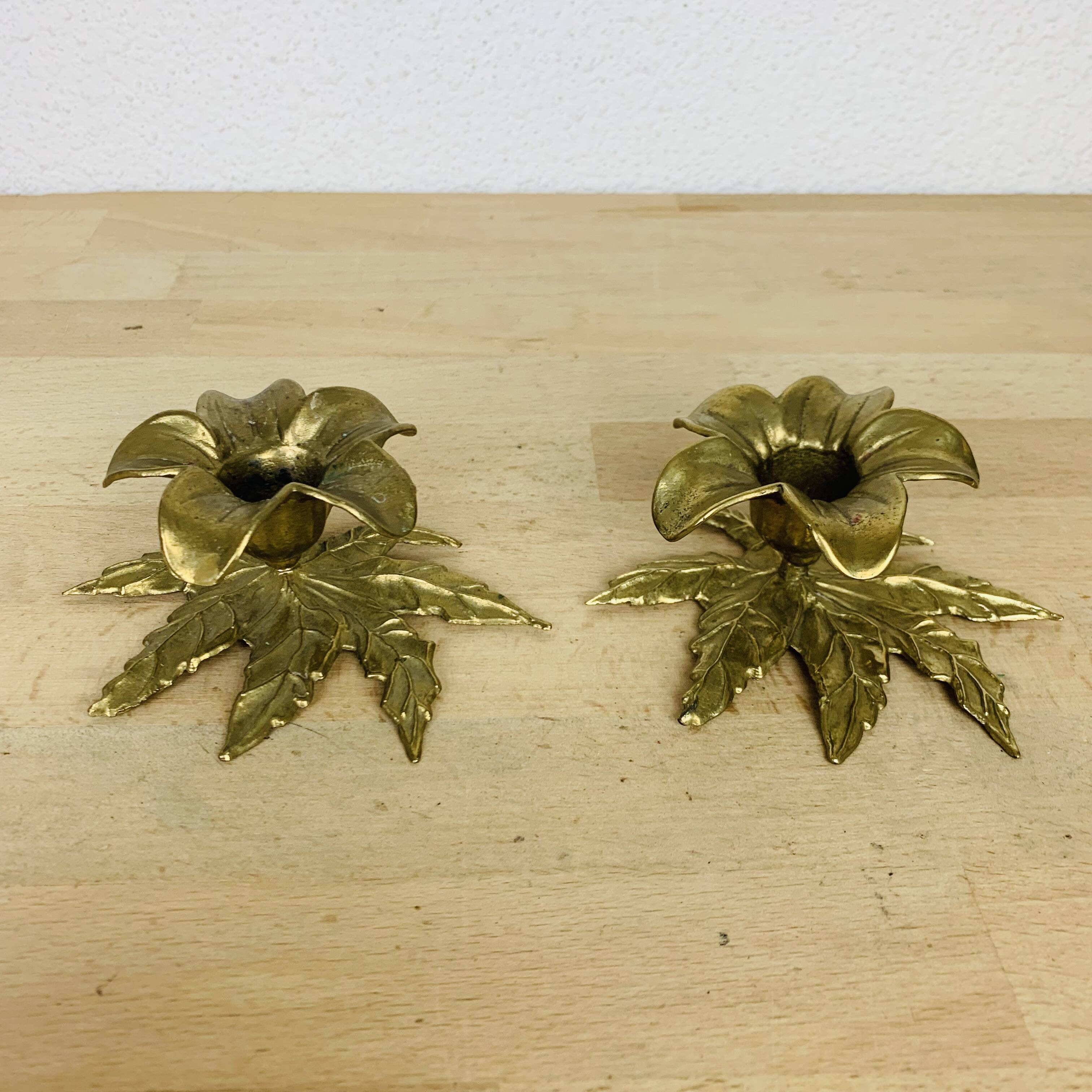 Pair of gilded brass flower candlesticks