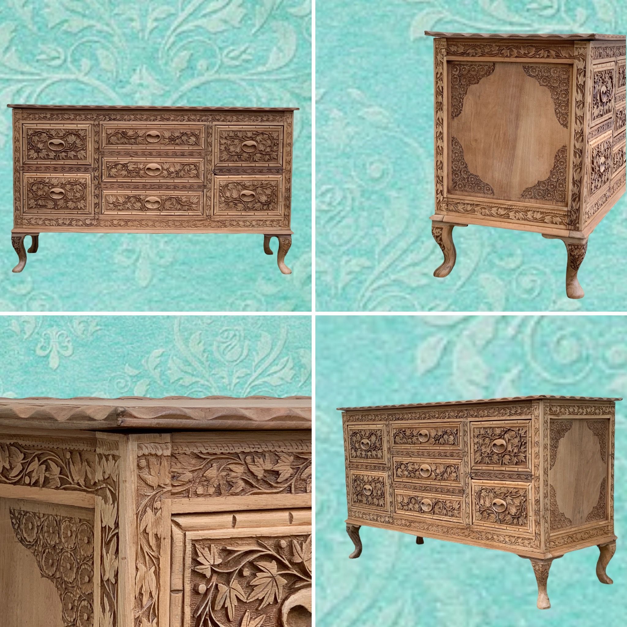 Commode vintage basse Padouk Massif sculpté 1950