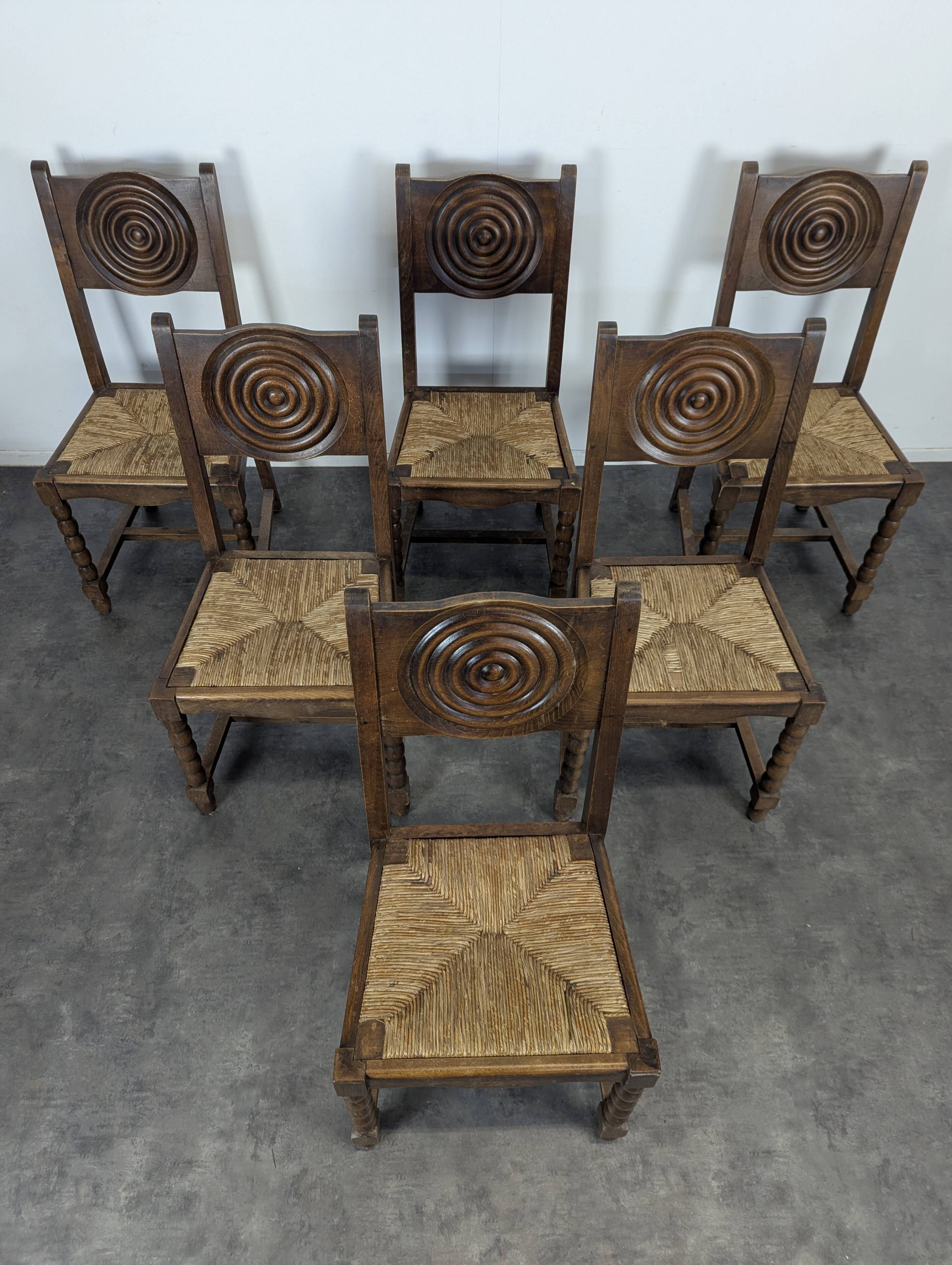 Set of 6 brutalist chairs in the style of Dudouyt.