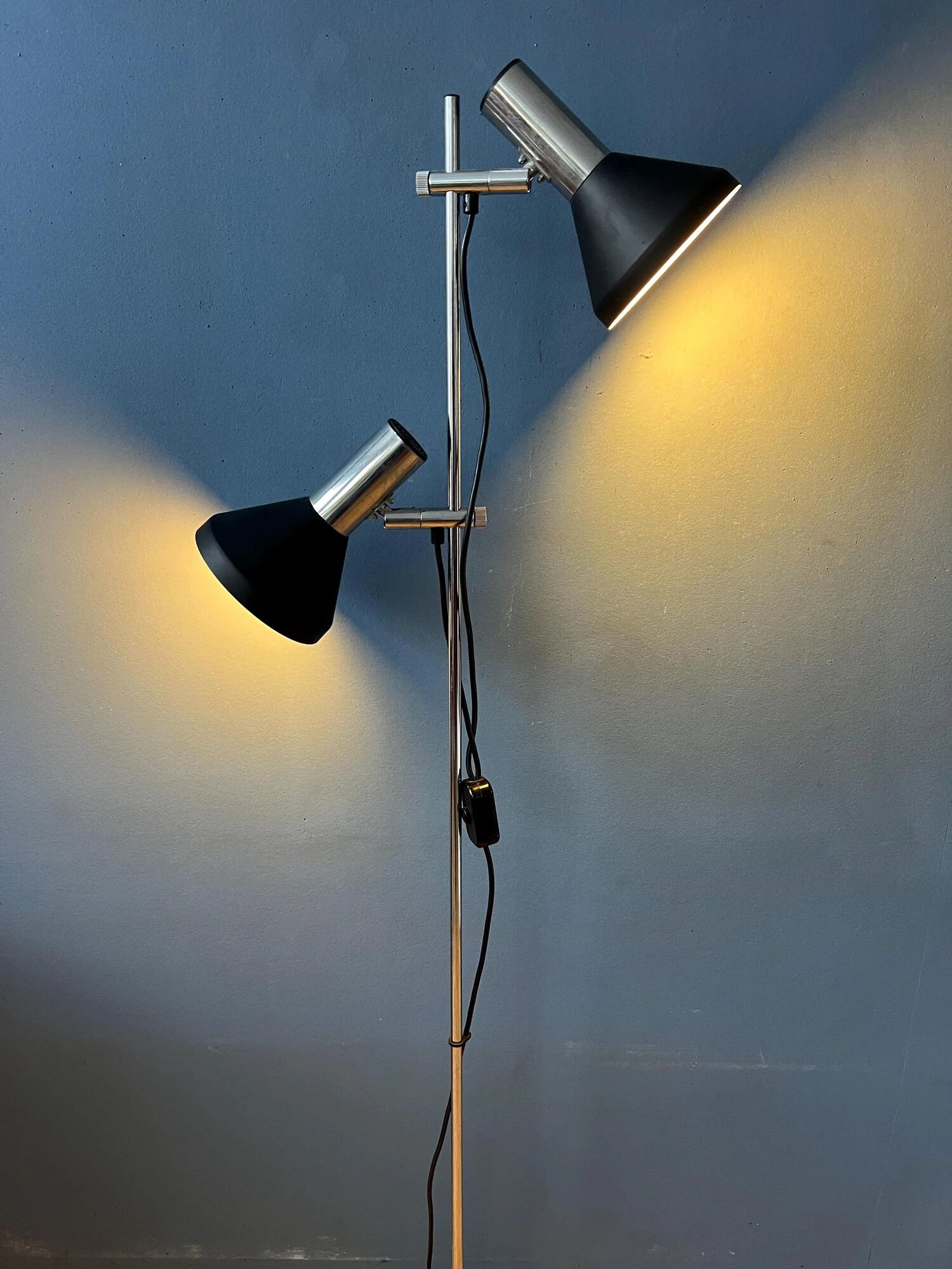Vintage black mid-century floor lamp with two aluminium spots
