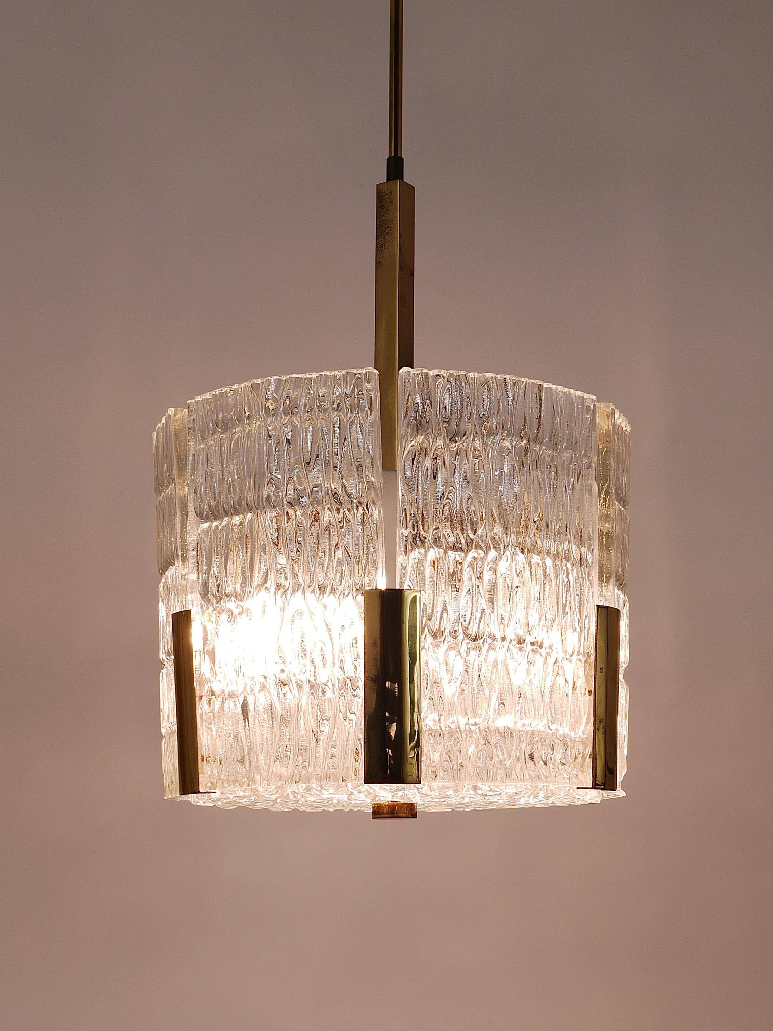 Kalmar Suspension Tambour Drum, Brass, Frosted Textured Glass, Austria, 1960s