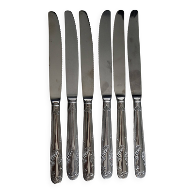 6 couteaux anciens en inox - Décor feuillage