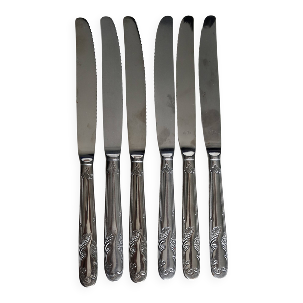 6 couteaux anciens en inox - Décor feuillage