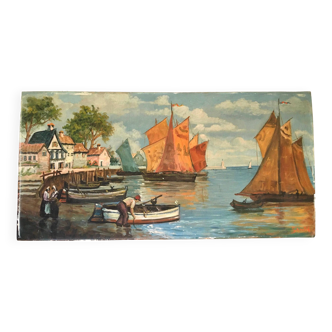 1910s French Large Oil Painting on Panel -Sailboats at Daylight- Oil Painting