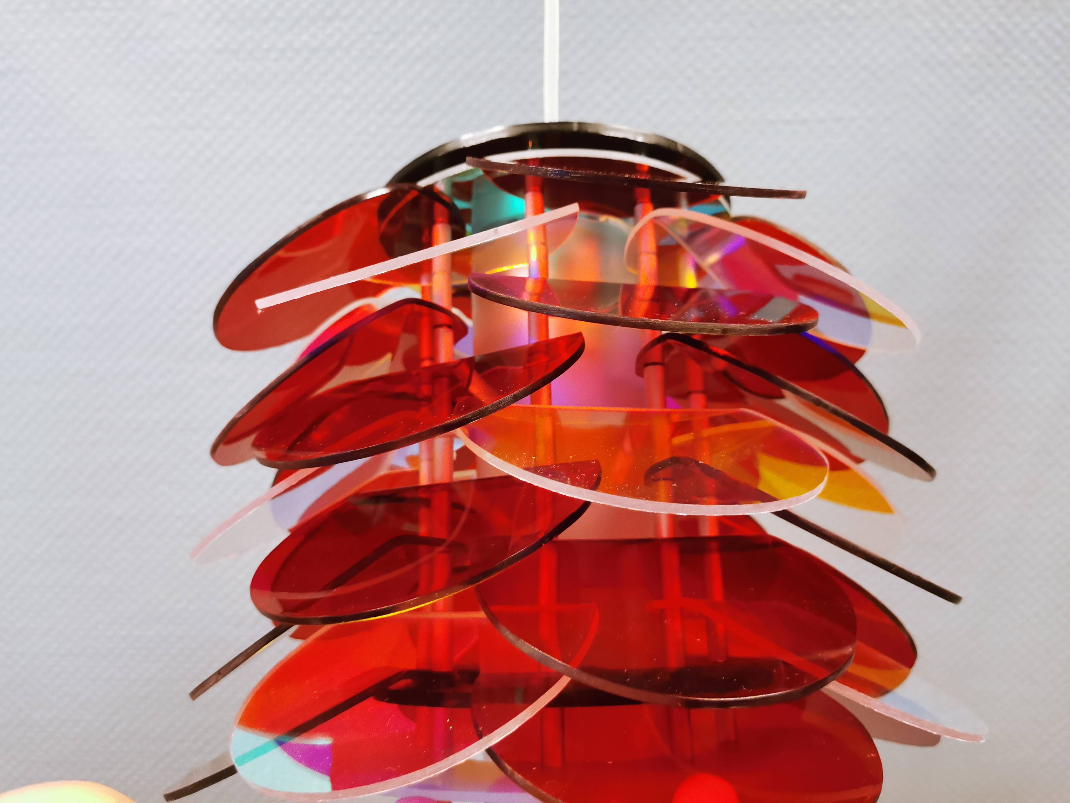 Danish Space Age hanging lamp made of plexiglass "leaves" with mirror reflex