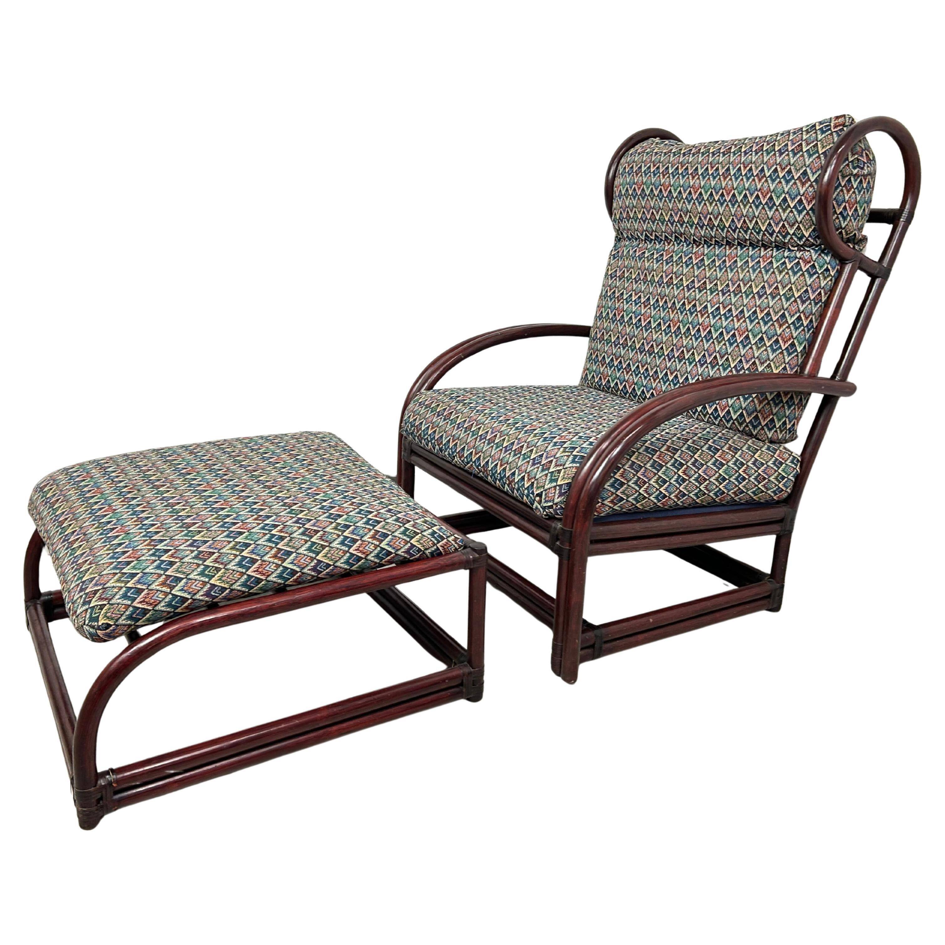 Fauteuil à oreilles en bambou de style milieu du siècle avec tabouret par Gervasoni