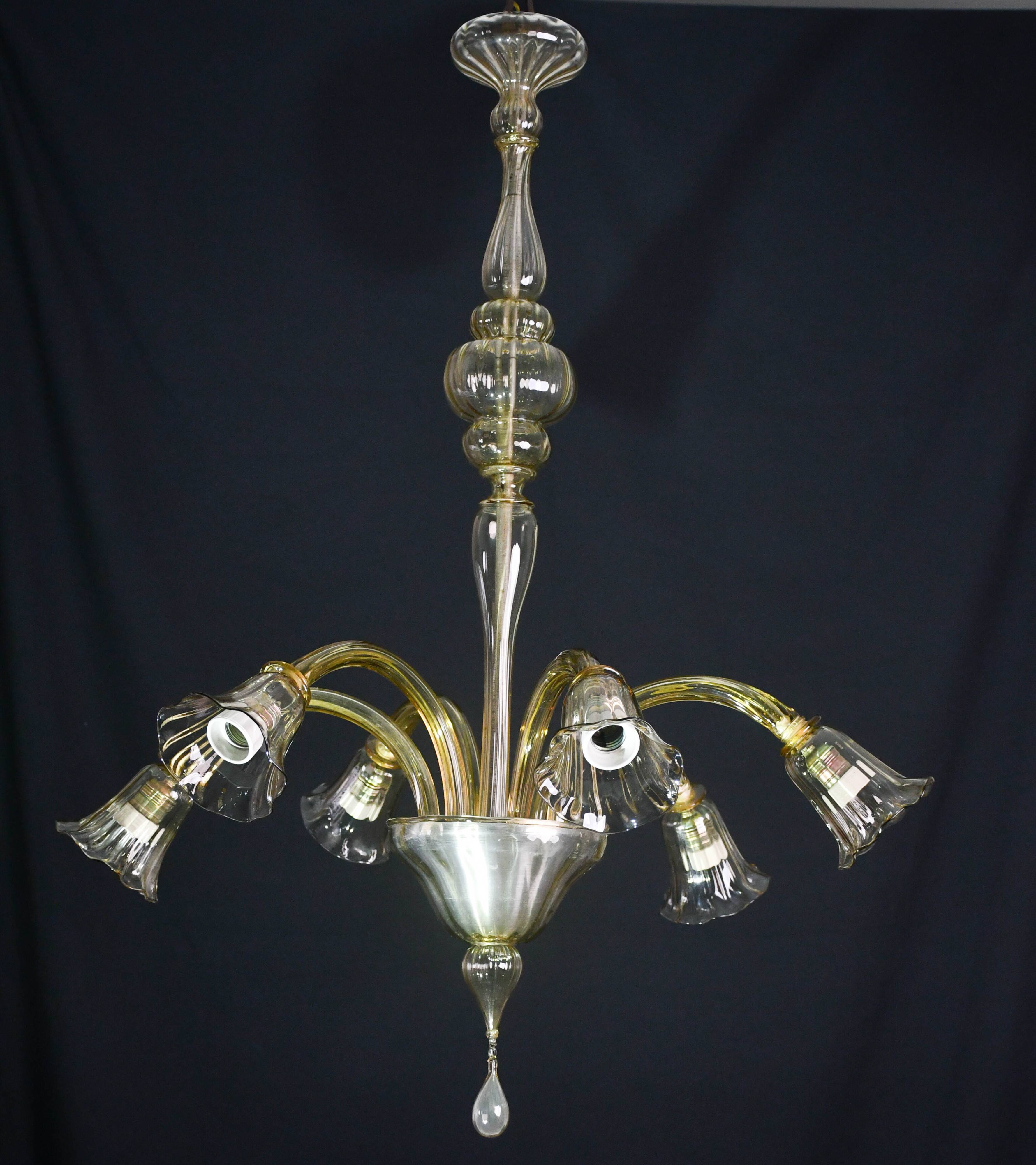 Lustre en verre de Murano vintage, couleur ambre, six lumières, design des années 1950.