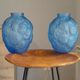 Pair of vases art deco glass blue pattern flower chrysanthemums