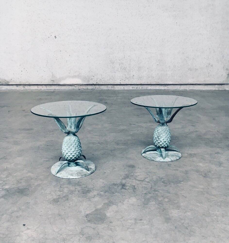 Hollywood Regency Style Brass Patinated Pineapple Side Tables, France, 1970s, Set of 2
