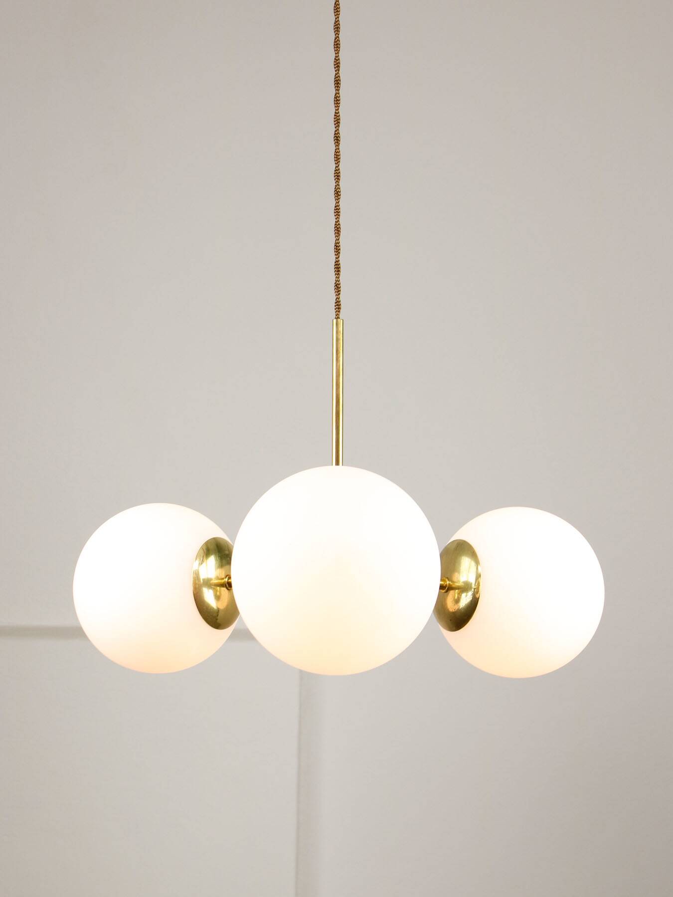Mid-Century Modern Italian Chandelier in Brass and Opaline Glass, 1960s