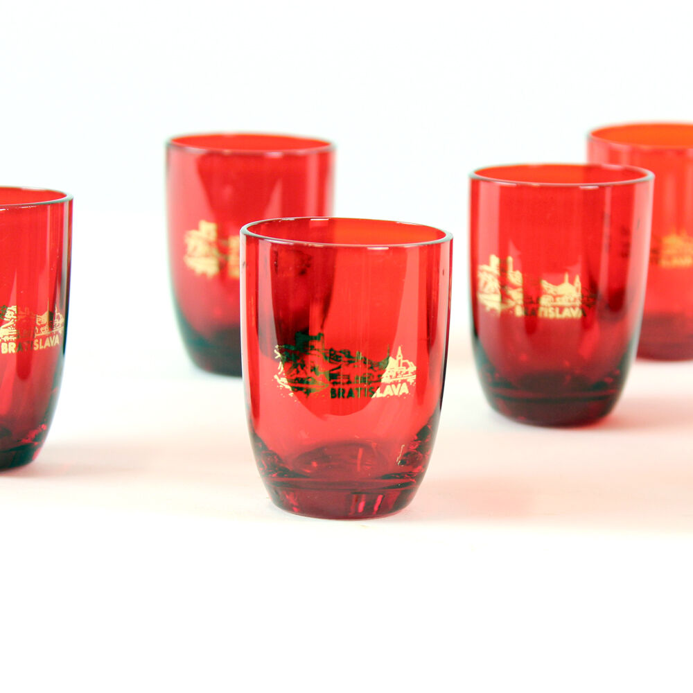 Midcentury alcohol bottle & shots set in red glass, Czechoslovakia circa 1960s