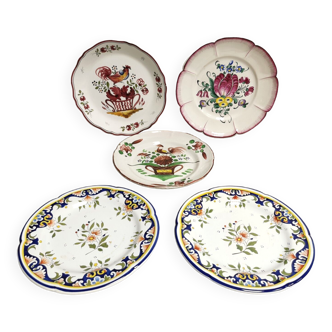 Collection of 5 plates in Faience, décor Strasbourg, Rouen .....