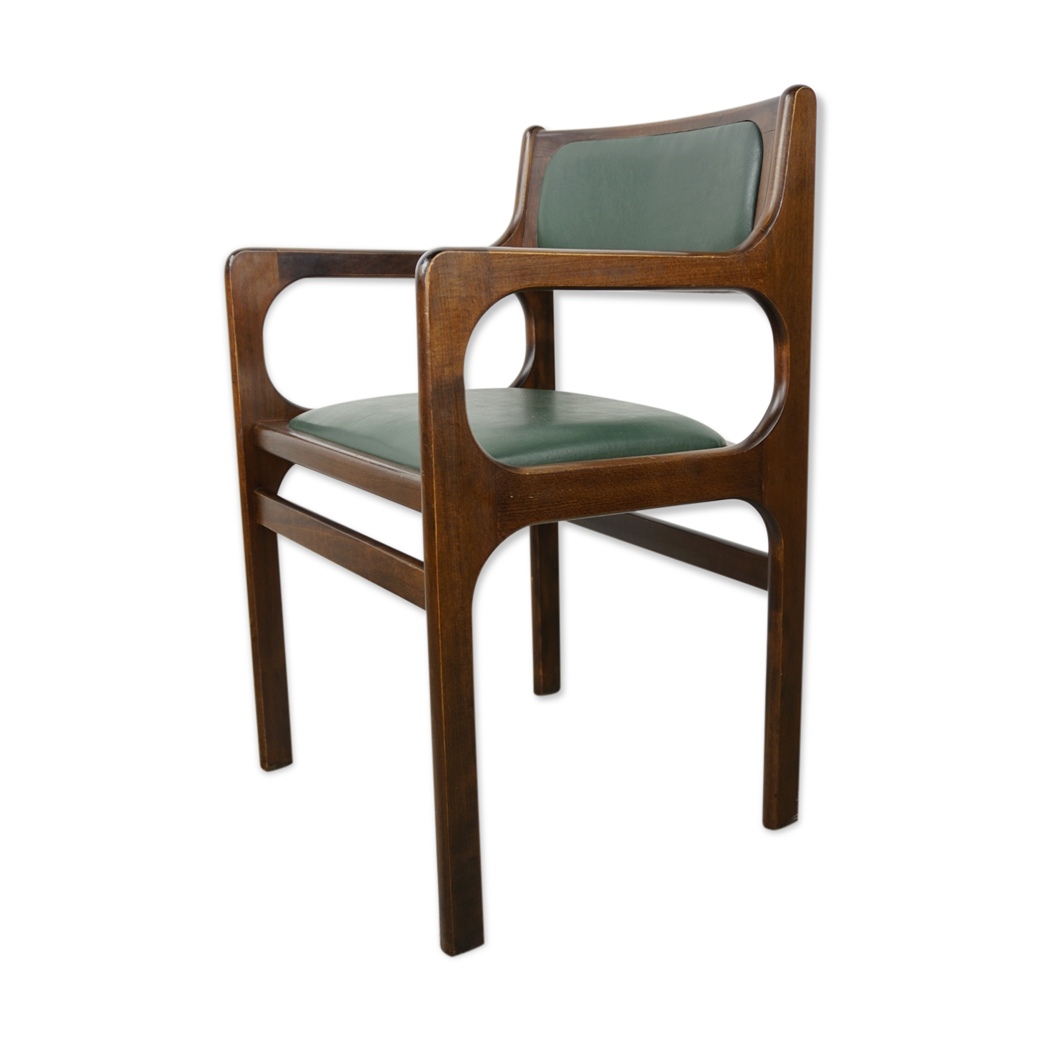 Armchair of the 60s in wood and imitation dark green leather