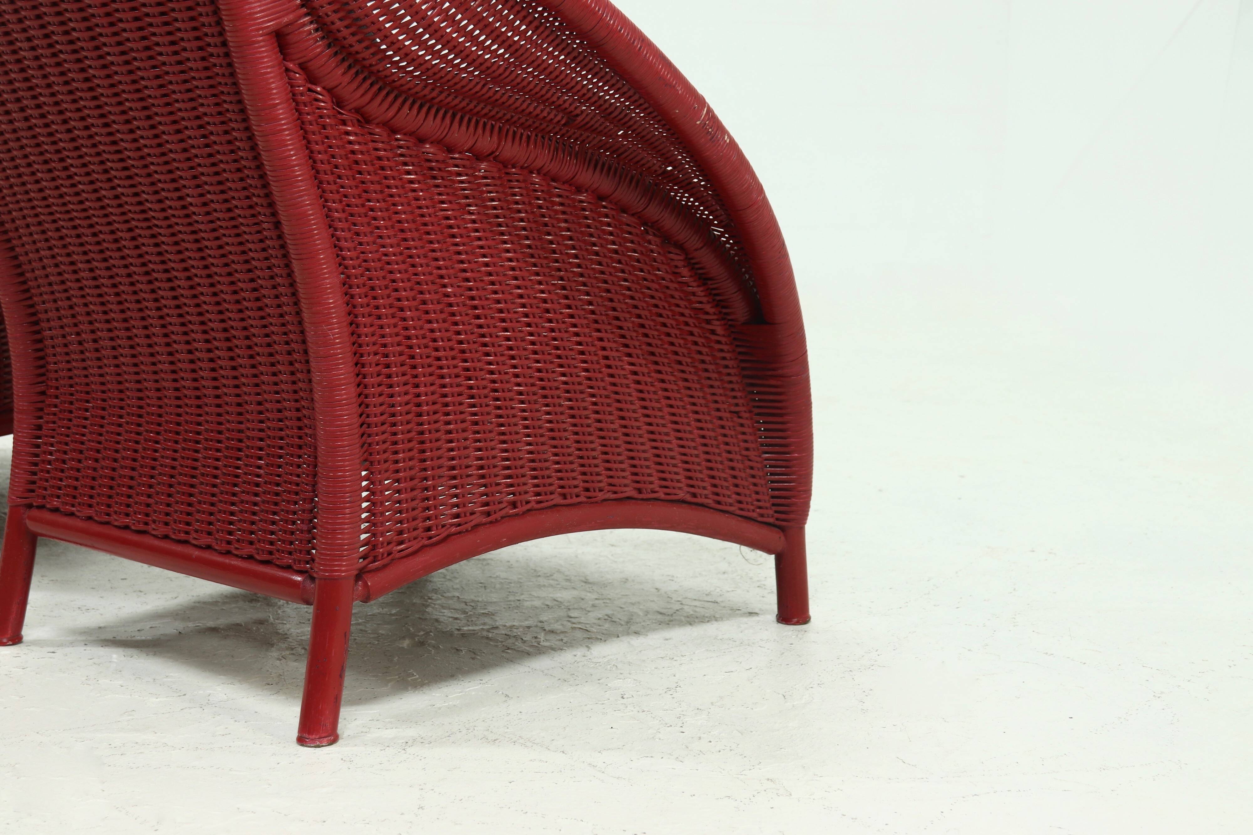 Set of 2 Sculptural Lounge Chairs in Red Lacquered Rattan 1970s