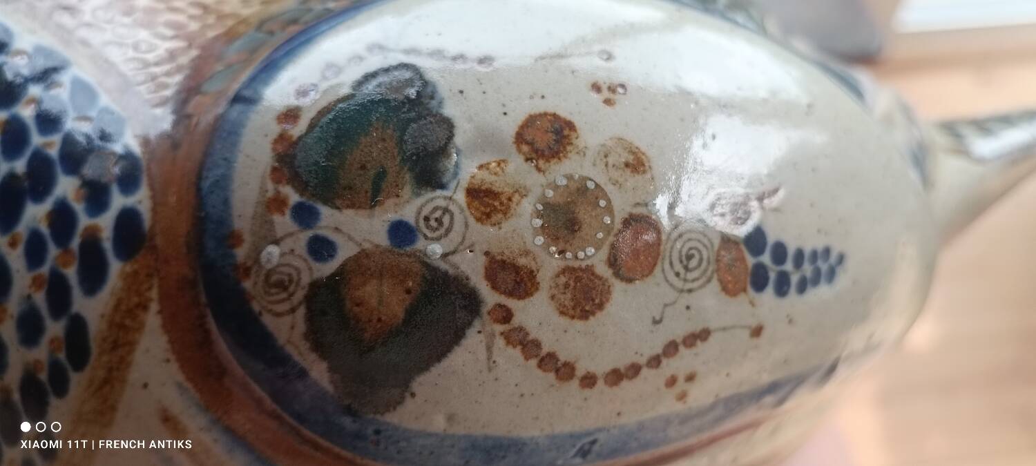 Ceramic signed duck in glazed stoneware, vintage 1960.