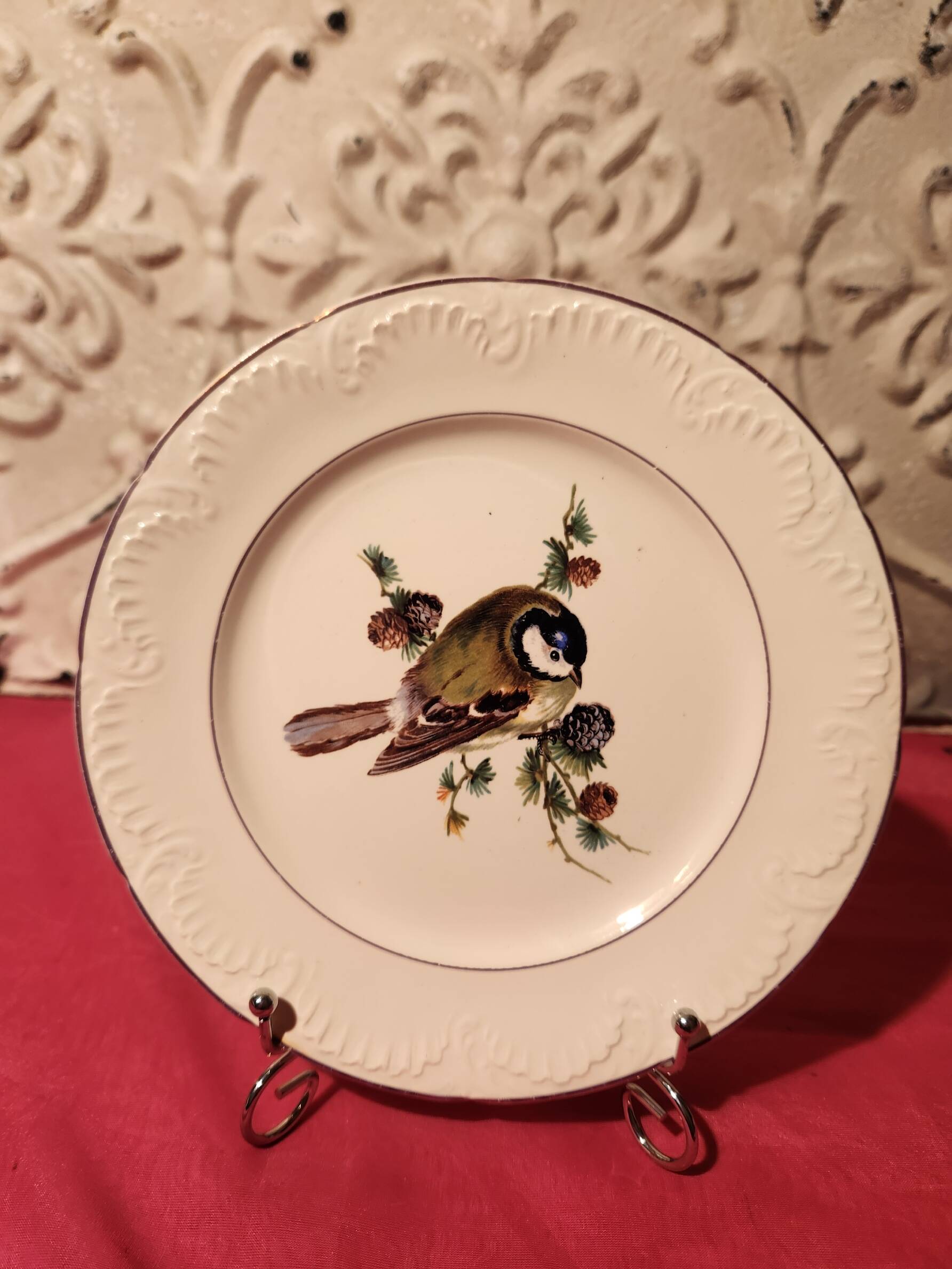 6 dessert plates Digoin Sarreguemines with coloured bird design.